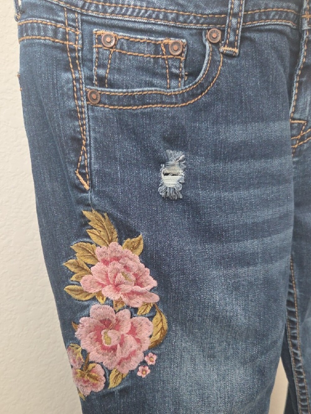 Grace in LA Dark Blue Skinny Jeans Pink Floral Embroidery Distressed Style - Picture 6 of 13